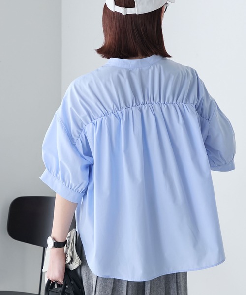 BONLECILL ブラウス シャツ バックシャーリングバンドカラー