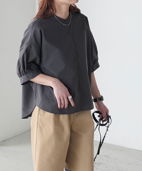 ブラウス シャツ バックシャーリング シアーブラウス レディース BONLECILL ブラウス シャツ バックシャーリングバンドカラー