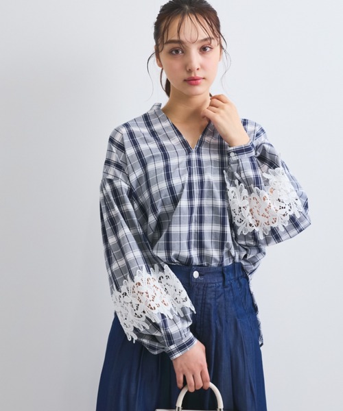 ブラウス シャツ レース切替スキッパーシャツ「洗濯機で洗える」 レディース QUEENS COURT ブラウス シャツ レース切替スキッパーシャツ