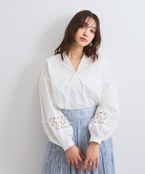 ブラウス シャツ レース切替スキッパーシャツ「洗濯機で洗える」 レディース QUEENS COURT ブラウス シャツ レース切替スキッパーシャツ