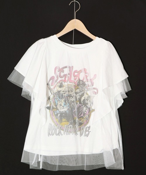 セール】151670：ロックなキャッツ柄 チュール重ねTシャツ（T