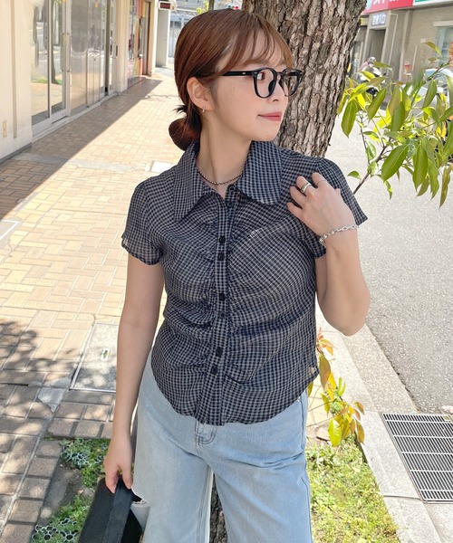 ブラウス シャツ 「秋口まで着られる」シアーチェックシャーリングシャツ レディース ブラウス シャツ クロップドチェックシャーリングシアーシャツ