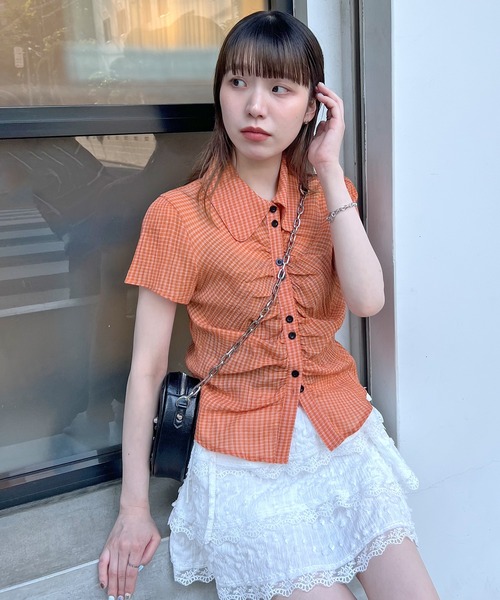 ブラウス シャツ シアーシャーリングシャツ レディース ブラウス シャツ クロップドチェックシャーリングシアーシャツ
