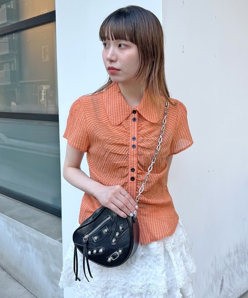 ブラウス シャツ クロップドチェックシャーリングシアーシャツ