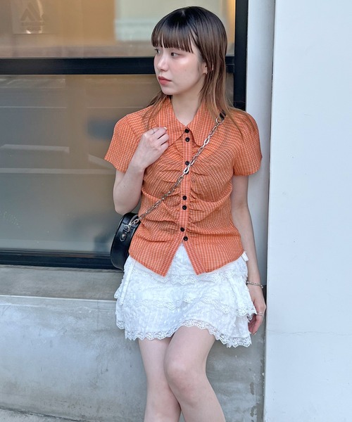 ブラウス シャツ クロップドチェックシャーリングシアーシャツ