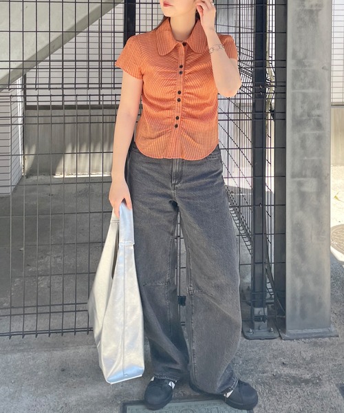 ブラウス シャツ 「秋口まで着られる」シアーチェックシャーリングシャツ レディース ブラウス シャツ クロップドチェックシャーリングシアーシャツ