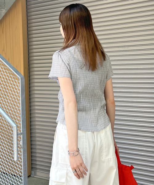 ブラウス シャツ クロップドチェックシャーリングシアーシャツ