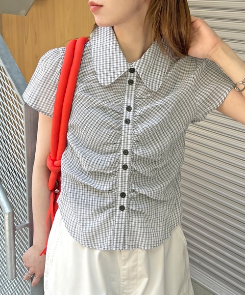 ブラウス シャツ クロップドチェックシャーリングシアーシャツ