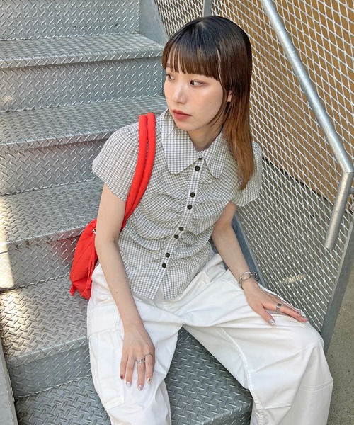 ブラウス シャツ クロップドチェックシャーリングシアーシャツ