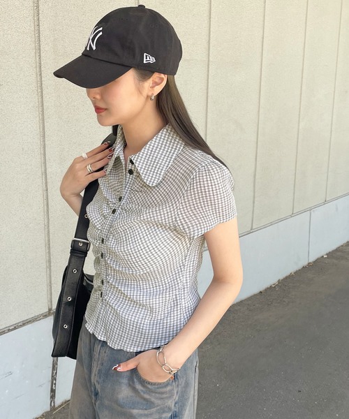 ブラウス シャツ チェック柄クロップドシャツ レディース セール】無地orチェック柄クロップドシャツ（シャツ/ブラウス