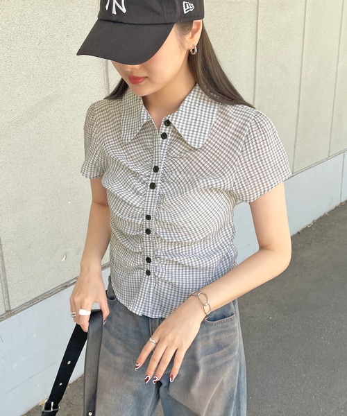 ブラウス シャツ 「秋口まで着られる」シアーチェックシャーリングシャツ レディース ブラウス シャツ クロップドチェックシャーリングシアーシャツ