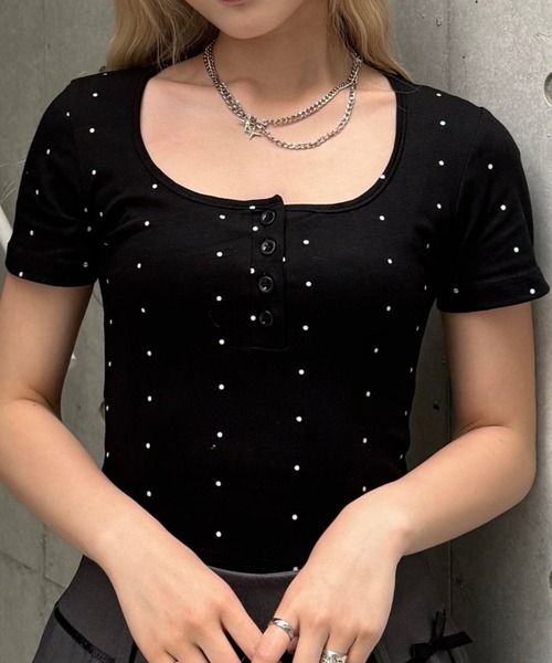 tシャツ ドットボタンリブトップス レディース