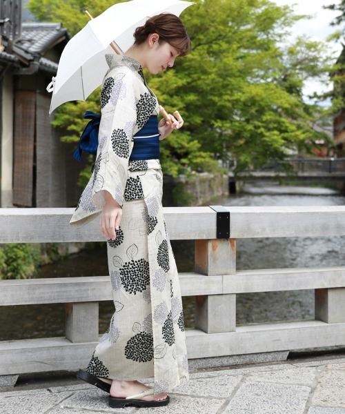 和なでしこ 浴衣 変わり織り綿麻浴衣3点セット「生成り地にグレーと