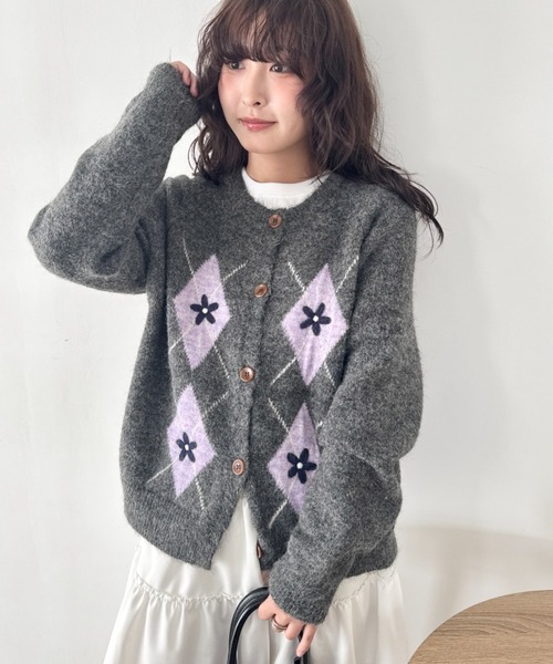 SOLLON.（ソルロン） カーディガン フラワー刺繍アーガイルニット