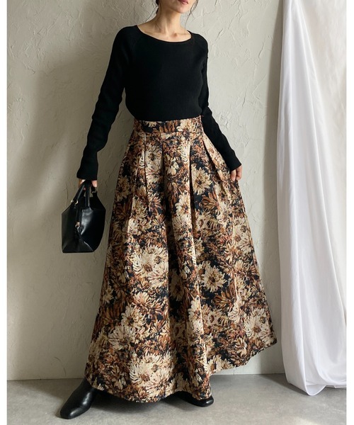 She's Closet スカート Aラインフレアロング丈花柄フラワーゴブラン柄