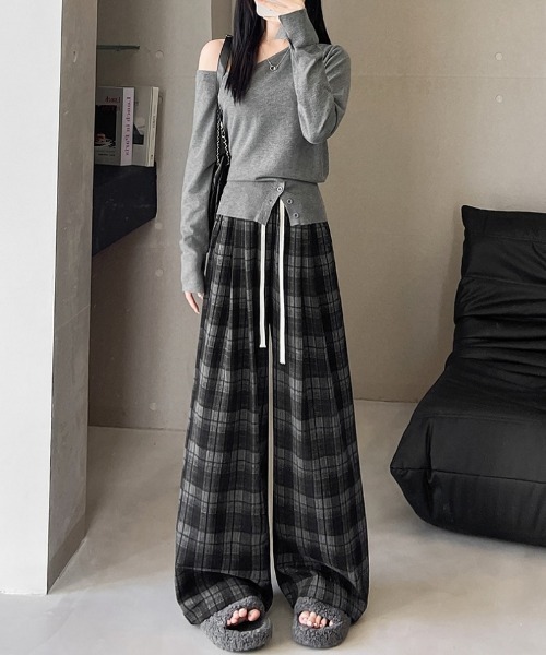 パンツ チェック柄 イージーワイドパンツ レディース : ZOZOTOWN Yahoo