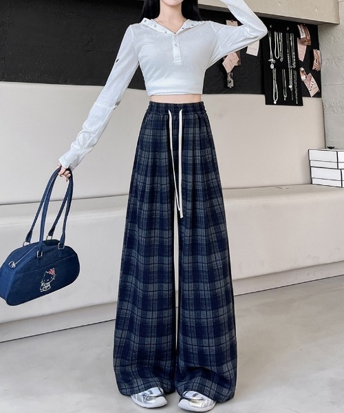 パンツ チェック柄 イージーワイドパンツ レディース : ZOZOTOWN Yahoo