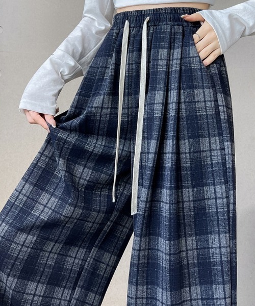 青と白のチェック柄カジュアルパンツ 青×白のチェックワイドパンツ【ブルー/160cm】女の子 - メルカリ