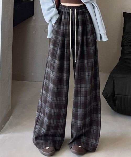 パンツ チェック柄 イージーワイドパンツ レディース : ZOZOTOWN Yahoo