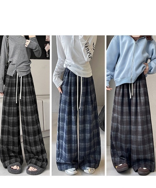 パンツ チェック柄 イージーワイドパンツ レディース : ZOZOTOWN Yahoo