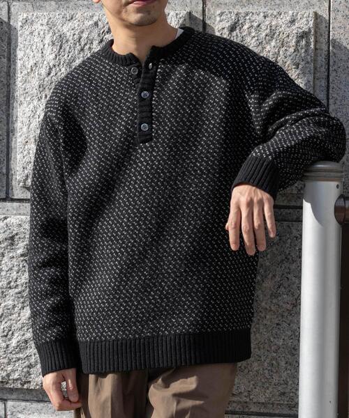 【NAVY】『XLサイズあり』バーズアイ柄ヘンリーネックニット URBAN RESEARCH ROSSO MEN セーター ニット 「XLサイズあり