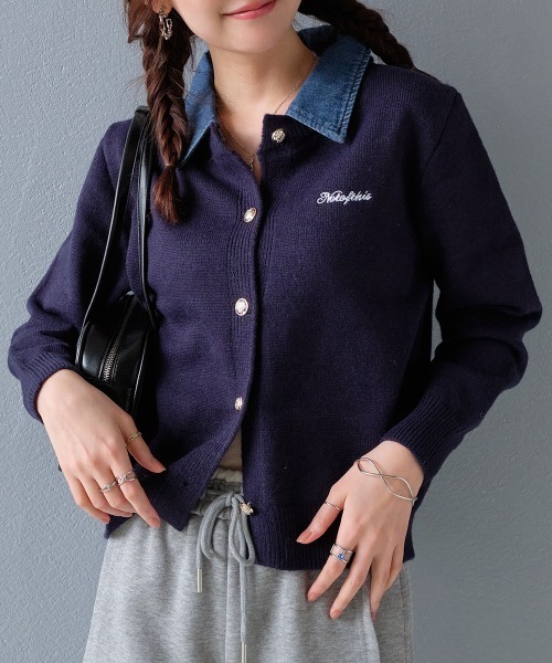 カーディガン シャツ襟付きロゴニットカーディガン レディース