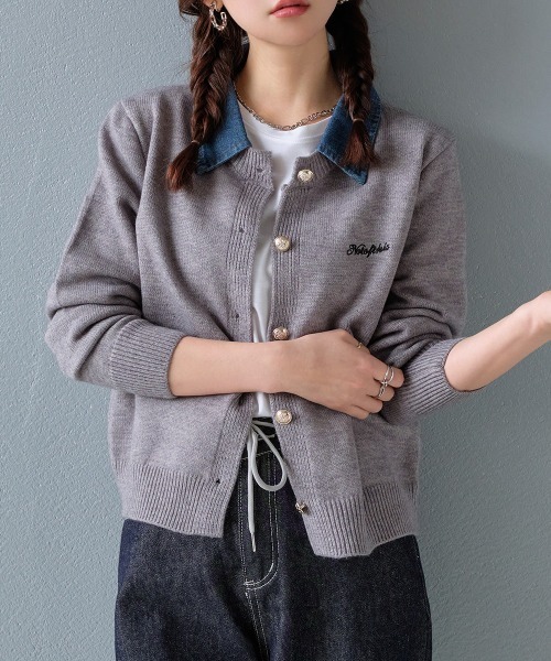 カーディガン シャツ襟付きロゴニットカーディガン レディース