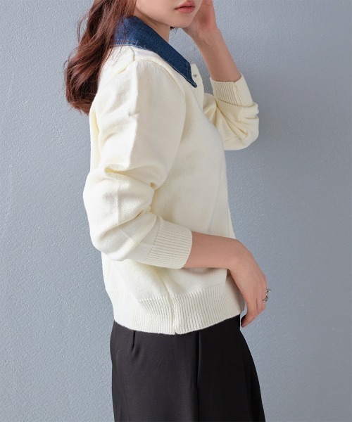 カーディガン シャツ襟付きロゴニットカーディガン レディース