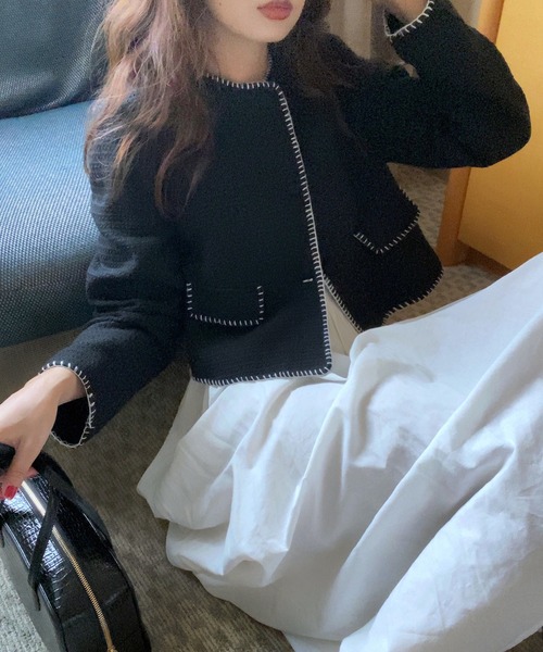 「LAUIR」 ノーカラージャケット MEDIUM アイボリー レディース_画像3