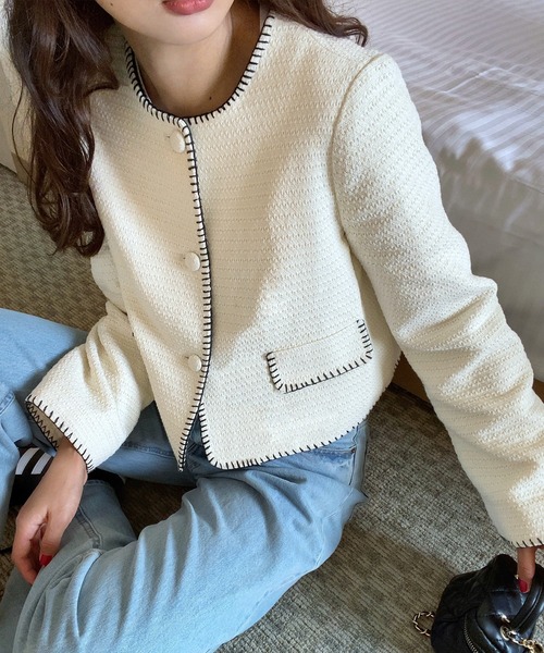 「LAUIR」 ノーカラージャケット MEDIUM アイボリー レディース_画像6