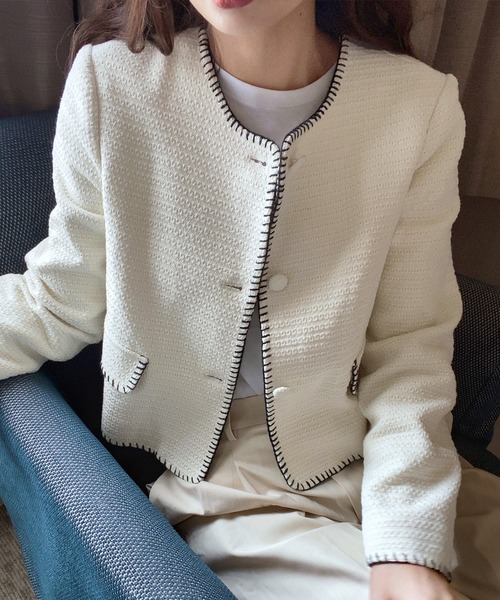 「LAUIR」 ノーカラージャケット MEDIUM アイボリー レディース_画像7