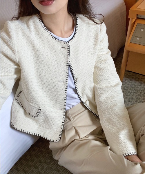 「LAUIR」 ノーカラージャケット MEDIUM アイボリー レディース_画像8