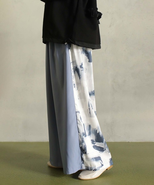 スラックス パンツ 無地×プリントパンツ レディース