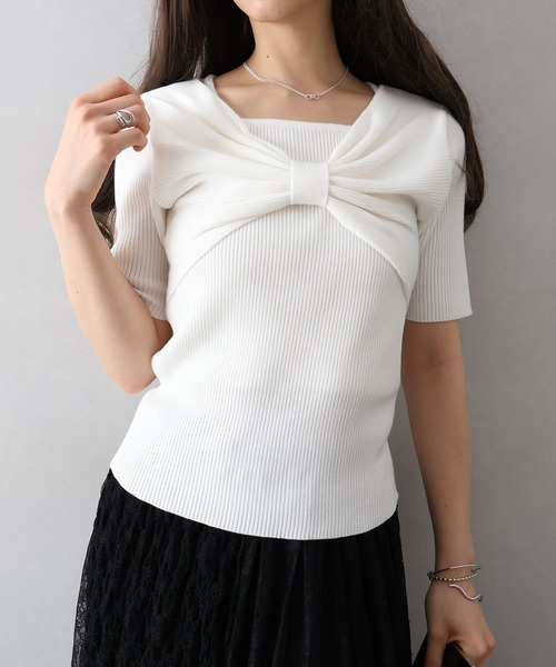dearanddust リボントップス　ホワイト SpRay（スプレイ） tシャツ 半袖 リボンディティールトップス