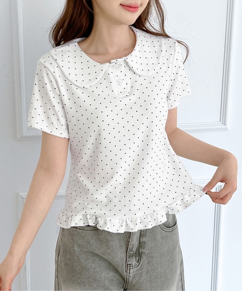 by muni:r tシャツ 半袖 ドットカラーフリル半袖Tシャツ レディース