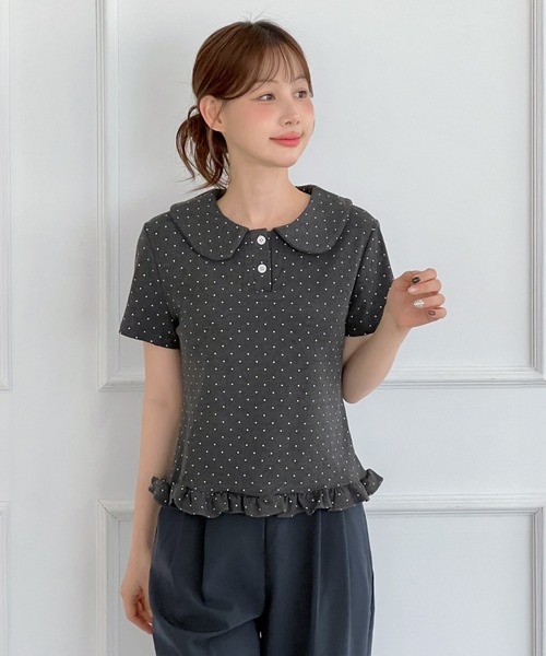 by muni:r tシャツ 半袖 ドットカラーフリル半袖Tシャツ レディース