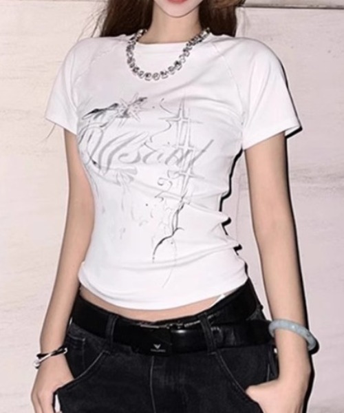 tシャツ 半袖 Y2Kデザイン サイバーロゴ タイトフィット半袖Tシャツ