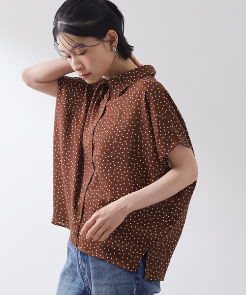 ドット柄襟付き レースアップ 半袖トップス THE SHOP TK ブラウス シャツ 夏 半袖 大人のためのドット柄 襟付き