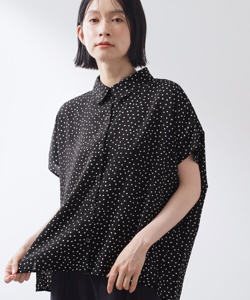 ドット柄襟付き レースアップ 半袖トップス THE SHOP TK ブラウス シャツ 夏 半袖 大人のためのドット柄 襟付き