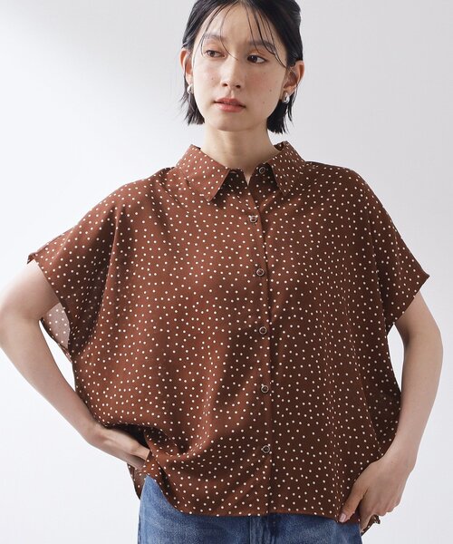 ドット柄襟付き レースアップ 半袖トップス THE SHOP TK ブラウス シャツ 夏 半袖 大人のためのドット柄 襟付き