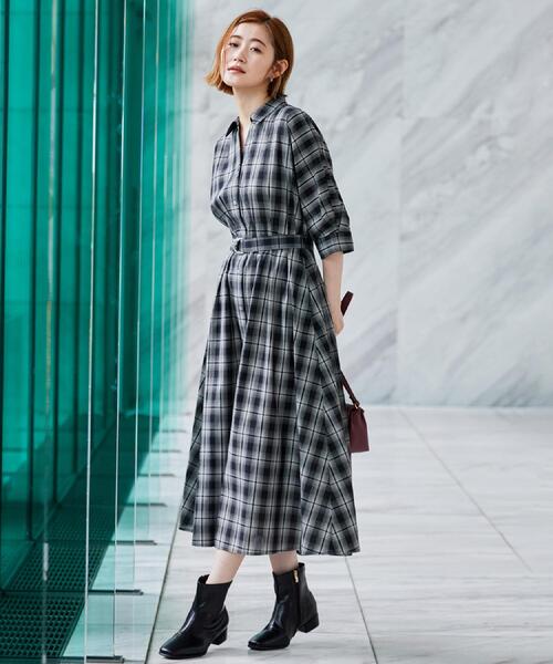 オールドイングランド シャツワンピース 総柄 ミモレ丈 ベルト 半袖 36 grove（グローブ） ワンピース チェック柄ベルト付シャツワンピース