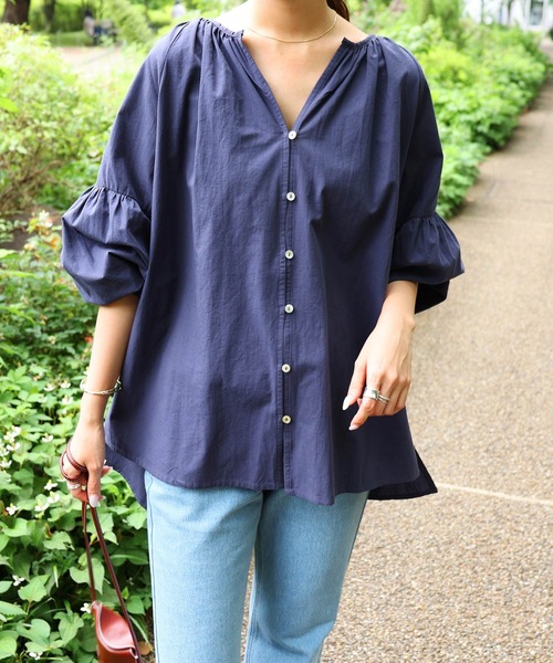 ソラ】綿麻ボイルワッシャーフレンチ袖ギャザーシャツ SUN