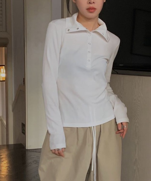 tシャツ スナップボタンタイトリブTシャツ レディース