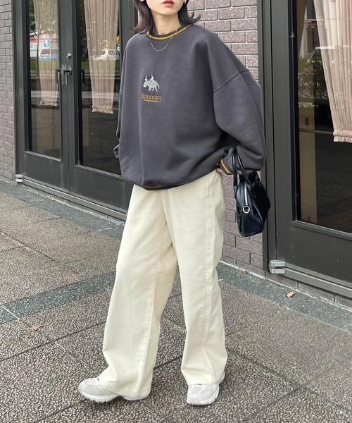 トレーナー スウェット ライン入り刺繍スウェット レディース