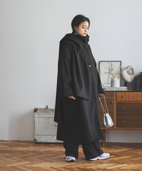 【美品】ノーカラーウールコート　ブラック　2023A/W ゆったり/軽やか】カシミヤ混ノーカラーコート（ノーカラーコート