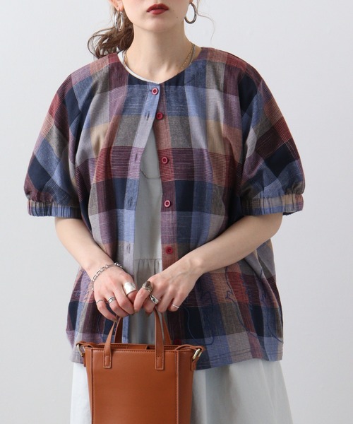 ブラウス シャツ EMAGO チェック袖ギャザーブラウス レディース