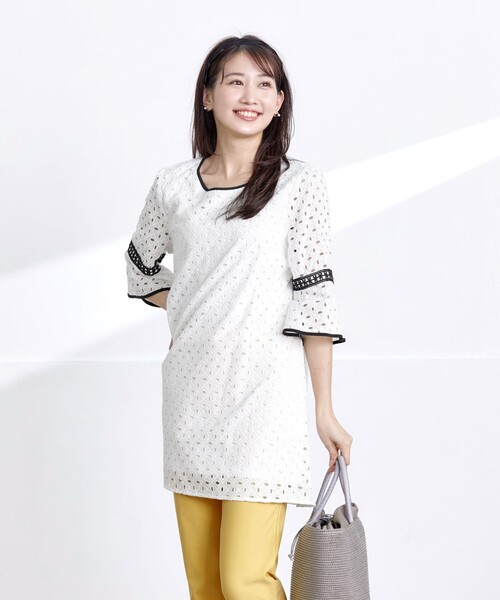 ブラウス シャツ 「小倉優子さん着用」パンチングレース配色チュニック レディース Tiaclasse ブラウス シャツ 「小倉優子さん着用」パンチング