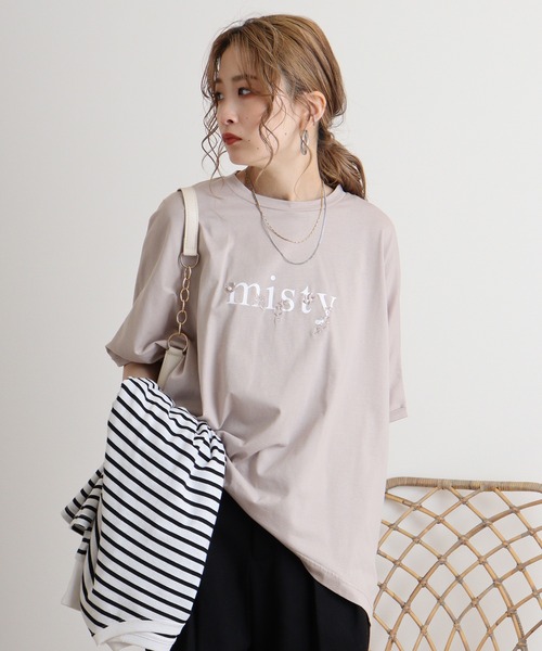 tシャツ Eglantine ロゴプリント×フラワー刺繍カットソー レディース EGLANTINE tシャツ Eglantine ロゴプリント×フラワー刺繍
