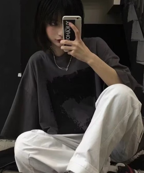 DEVICE tシャツ ヴィンテージライク ハート プリント 韓国