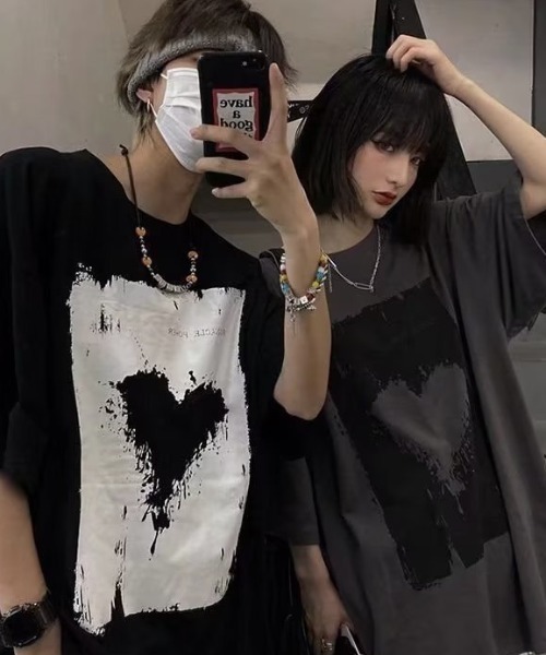 DEVICE tシャツ ヴィンテージライク ハート プリント 韓国